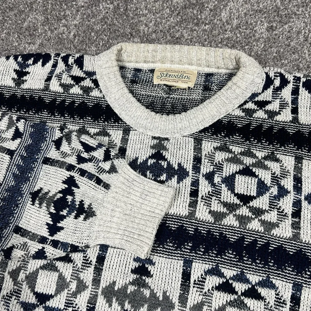 Vintage 80s 90s Mens L Geometric Southwestern Knit Crewneck Sweater St Johns Bay